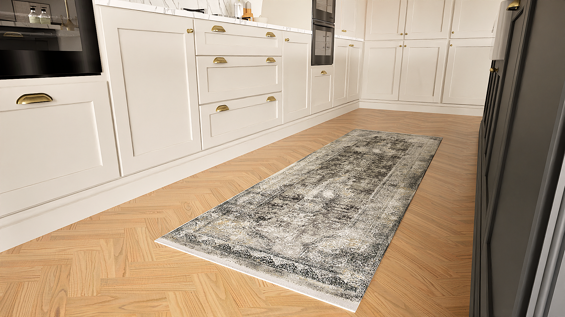 Toros Distressed Medallion Frost Grey Overdyed Runner Rug