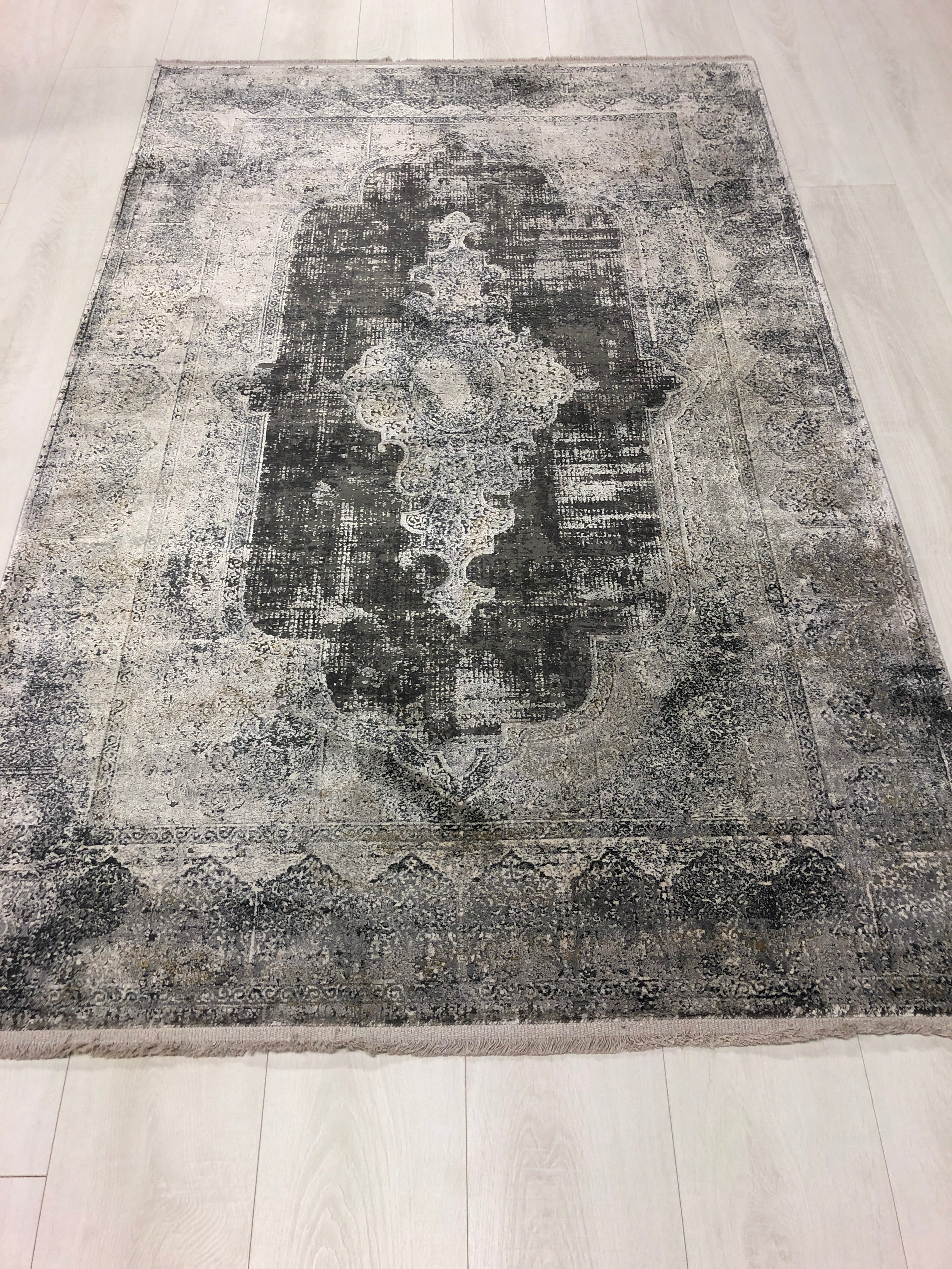 Toros Distressed Medallion Frost Grey Overdyed Rug